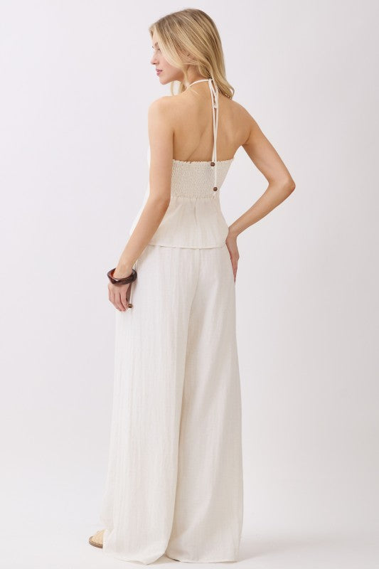 Tracy Sleeveless Halter Twist Front Top Oatmeal