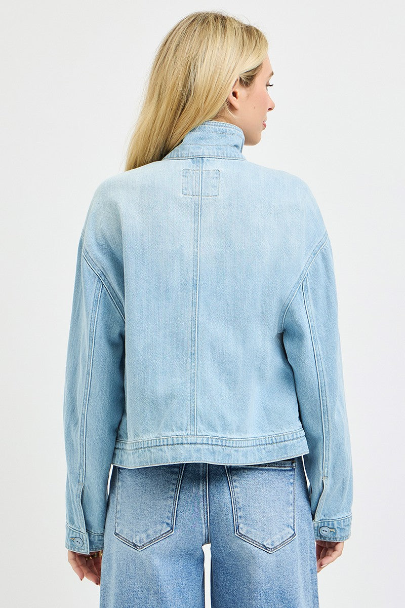 Kimberly Long Sleeve Button Down Cargo Denim Jacket Light Wash