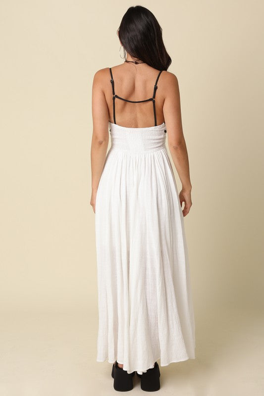 Waitlist 7/4 • Amani Sleeveless Open Back Contrast Tie Maxi Dress White
