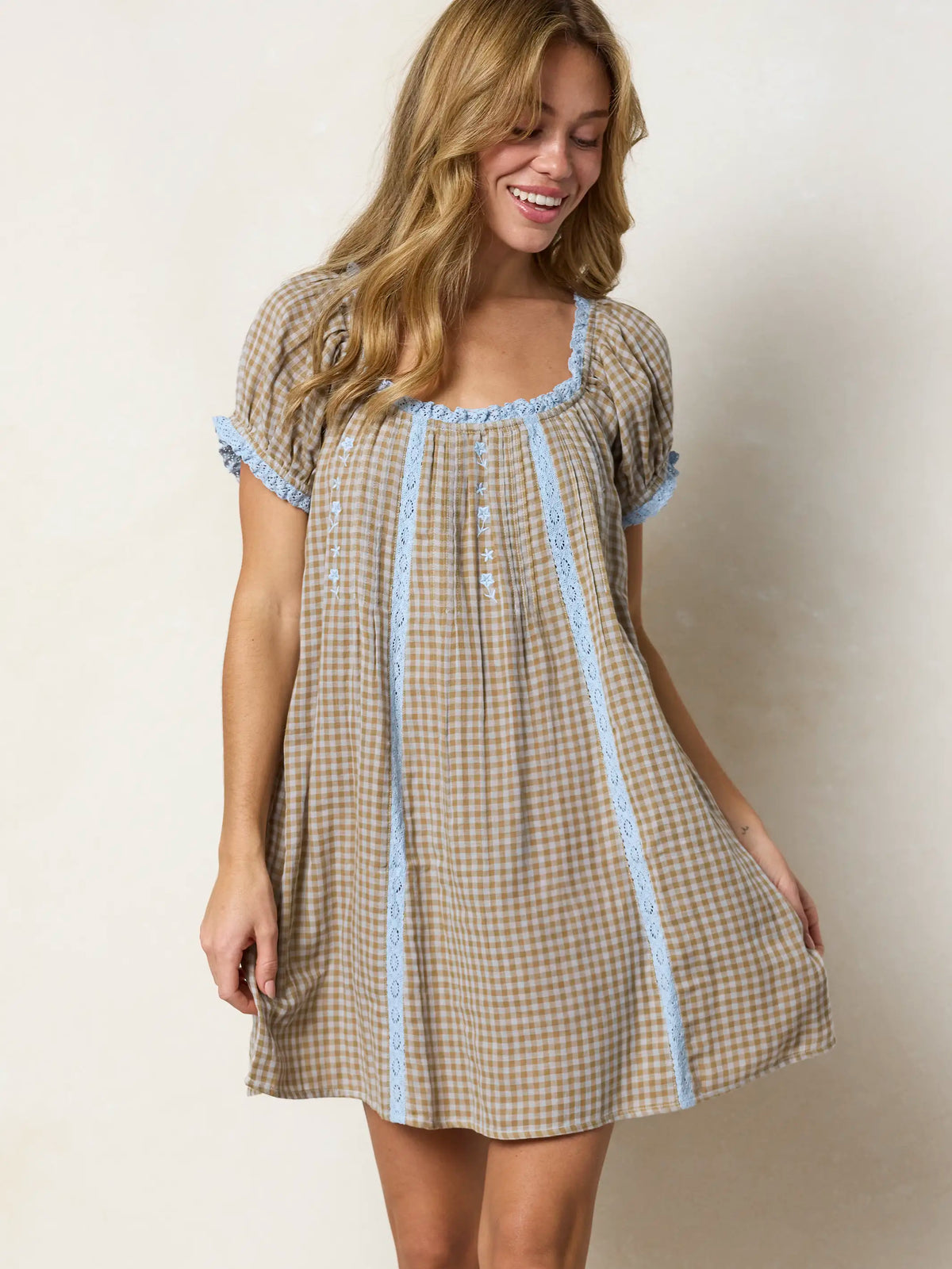Sweet Nothings Embroidered Cotton Mini Dress - Tan Gingham Plaid
