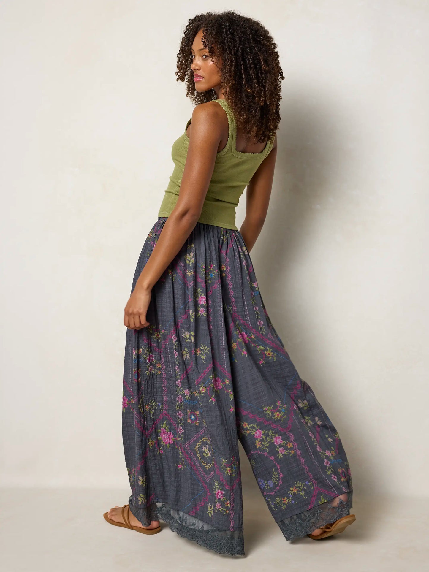 Adeline Wide-Leg Pants - Heirloom Cross Stitch Charcoal