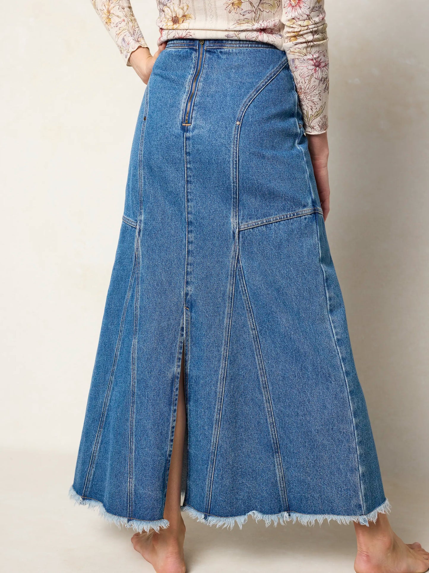 Fitted Cotton Denim Maxi Skirt - Medium Wash