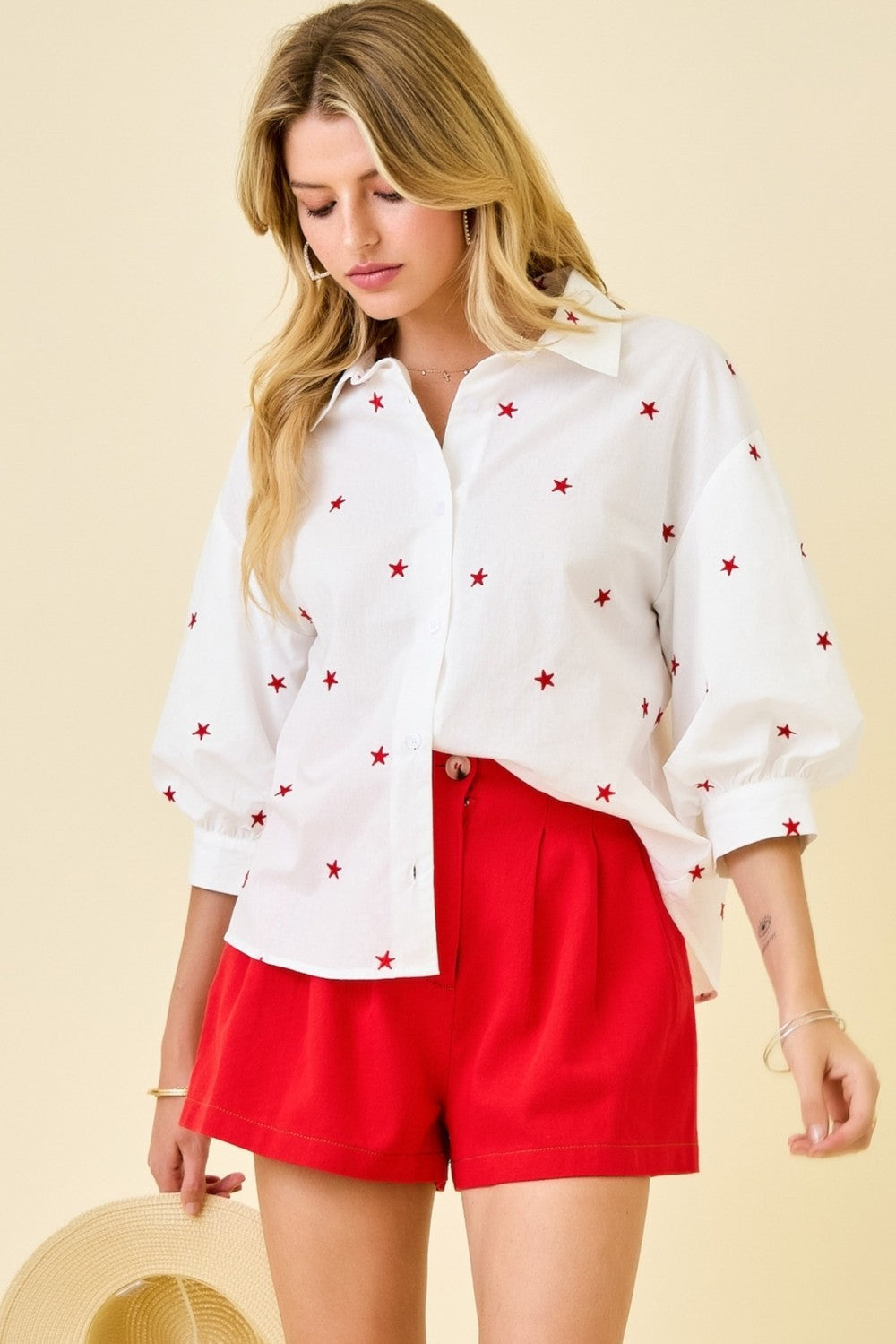 Tori 3/4 Puff Sleeve Button Down Star Print Top White