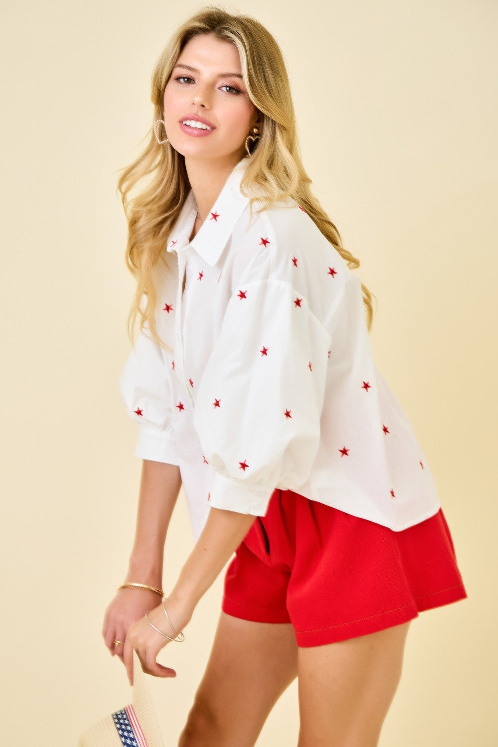 Tori 3/4 Puff Sleeve Button Down Star Print Top White