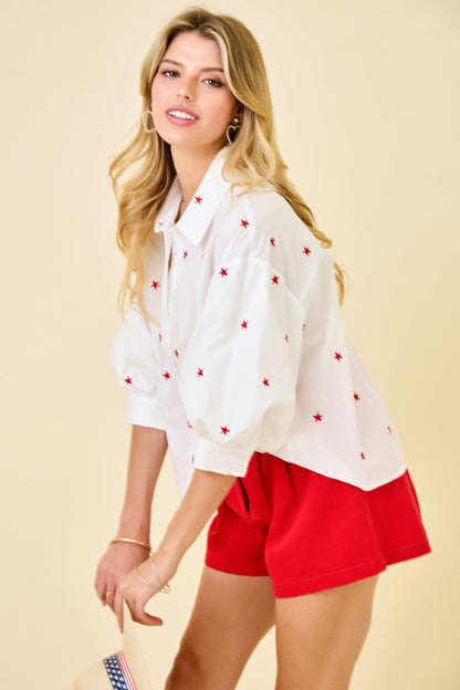 Tori 3/4 Puff Sleeve Button Down Star Print Top White