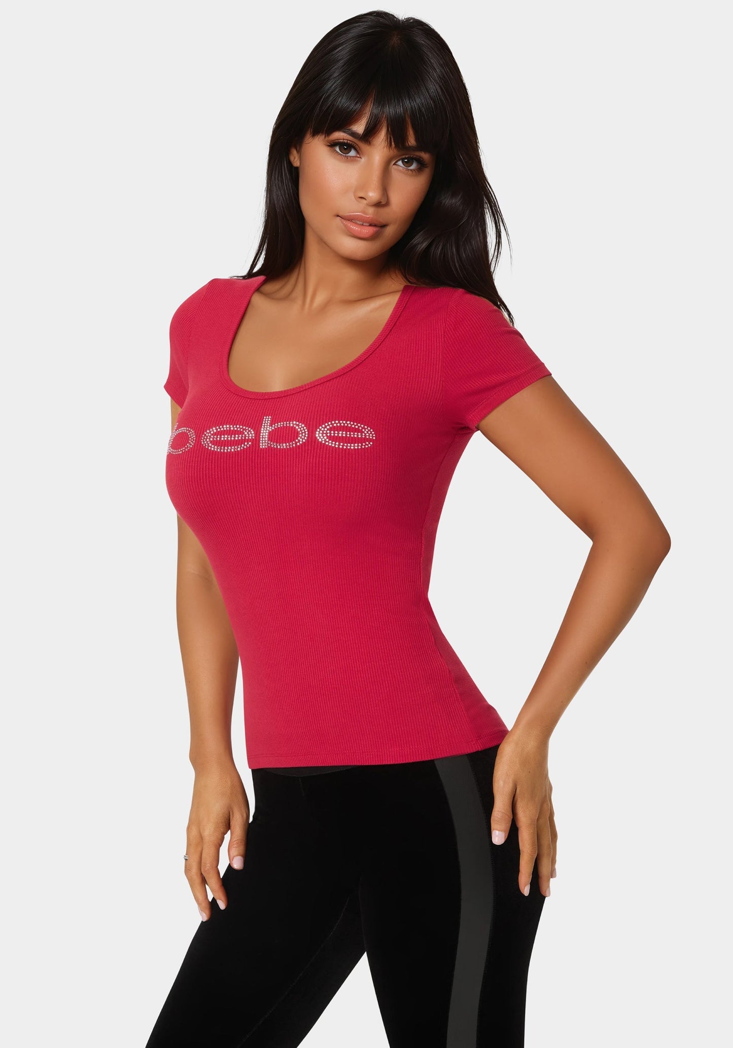 Bebe Logo Short Sleeve Round Neck Rib Top