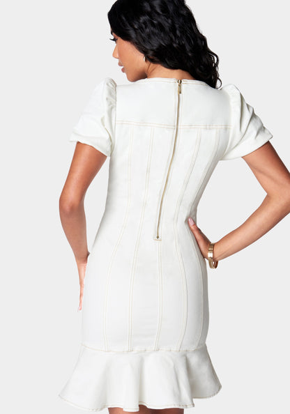 Puff Sleeves Fit & Flare Denim Dress