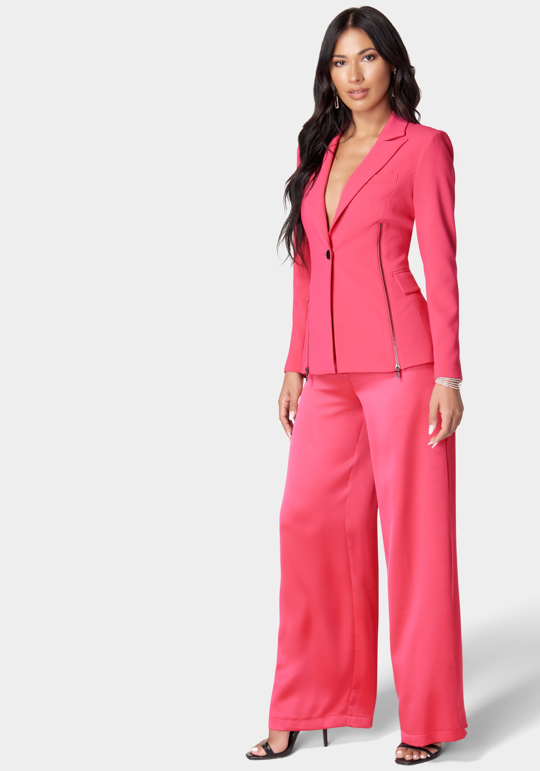 Satin Zipper Godet Tailored Jacket