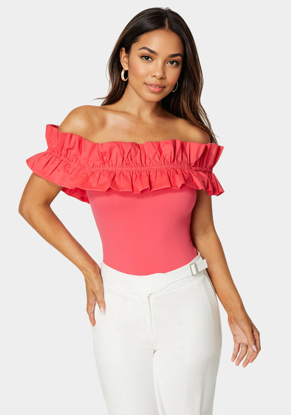 Off Shoulder Poplin Ruffle Knit Bodysuit