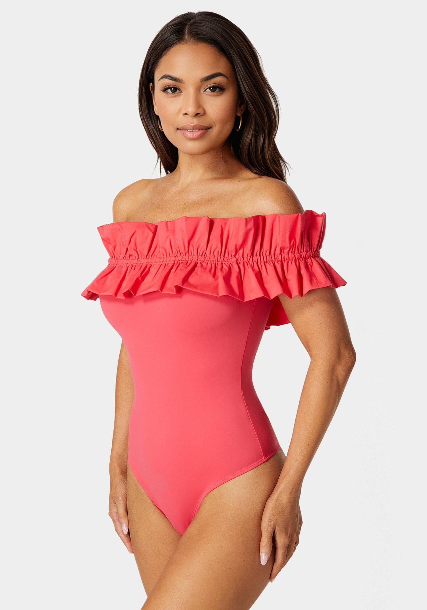 Off Shoulder Poplin Ruffle Knit Bodysuit