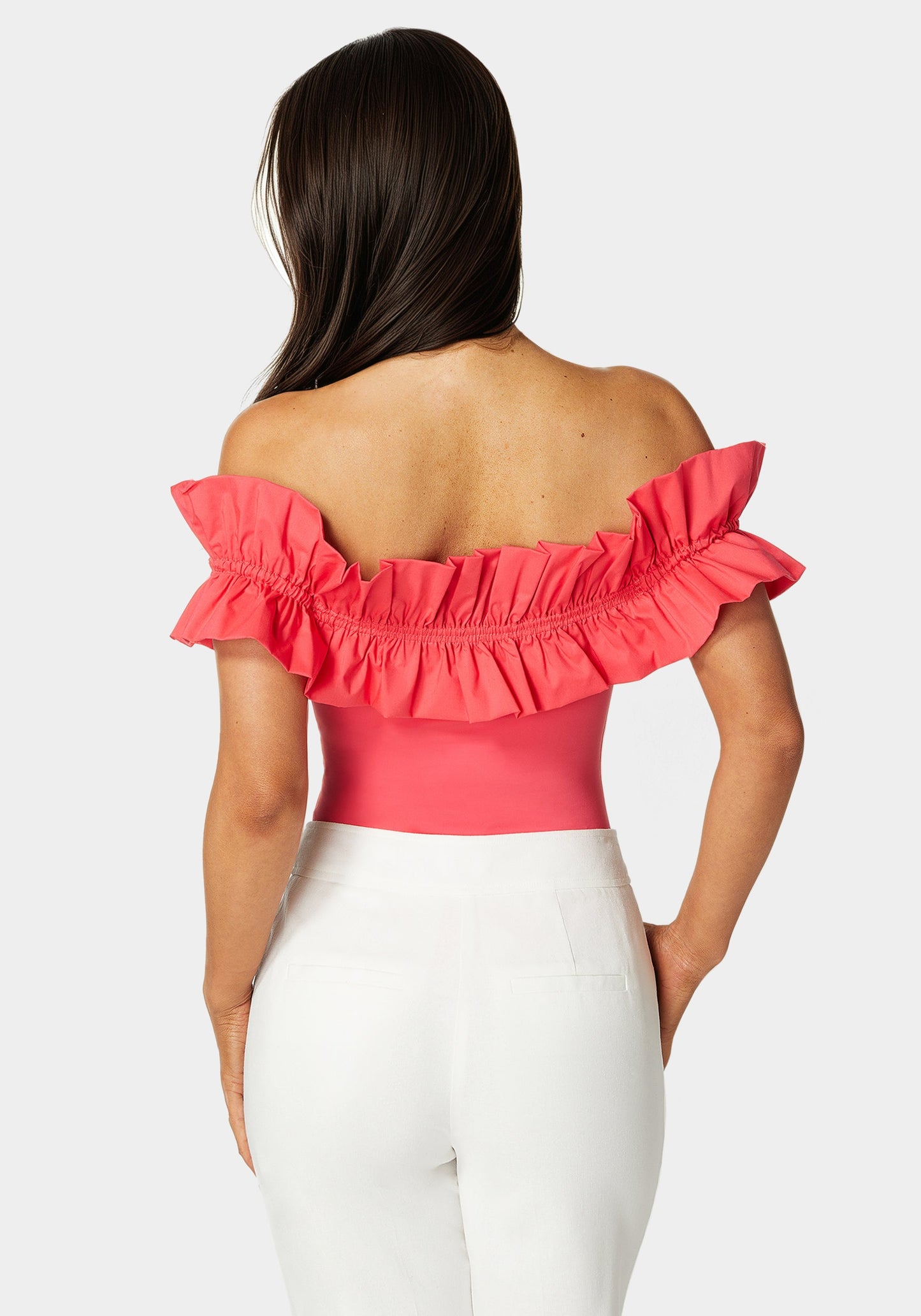 Off Shoulder Poplin Ruffle Knit Bodysuit