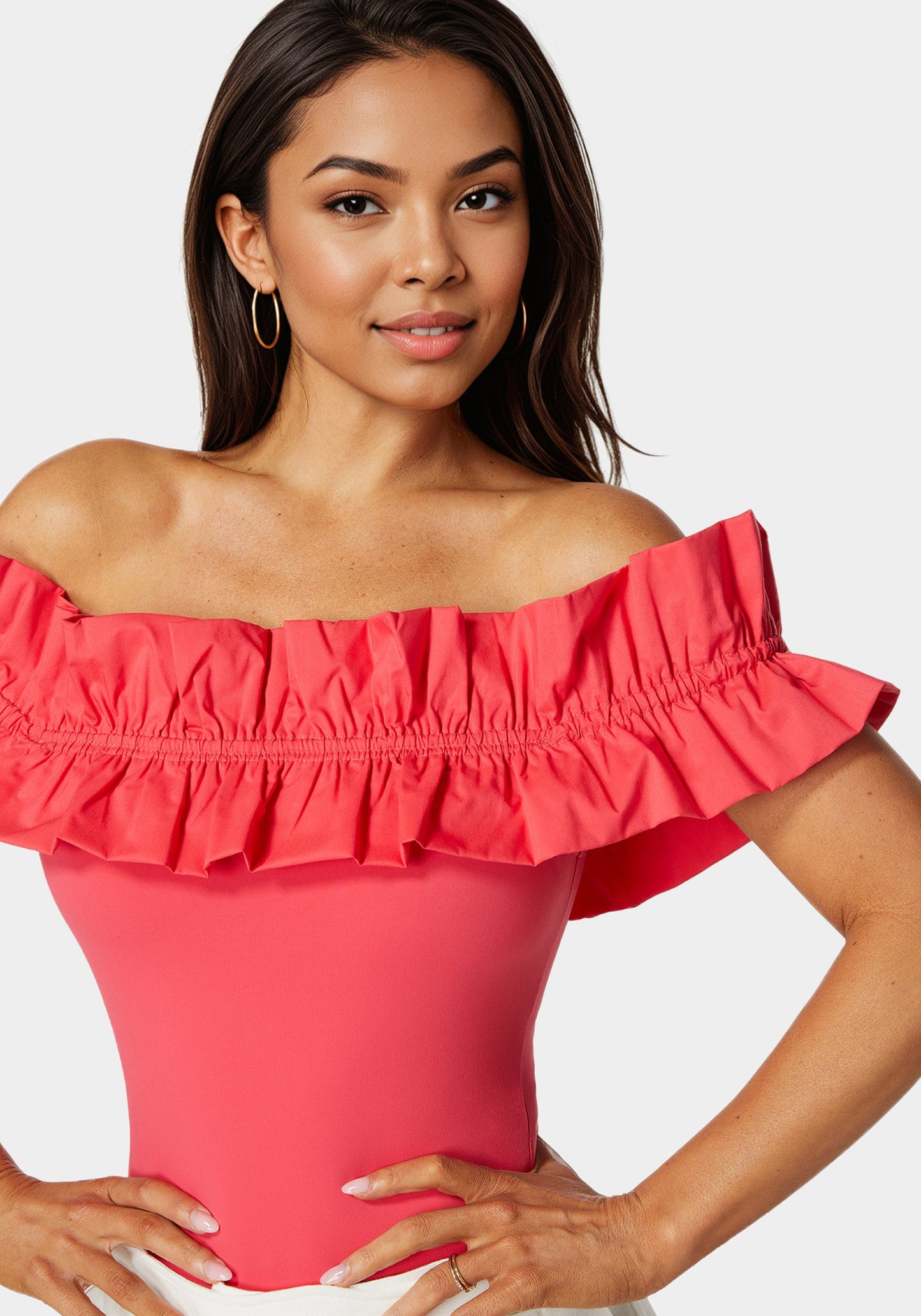 Off Shoulder Poplin Ruffle Knit Bodysuit
