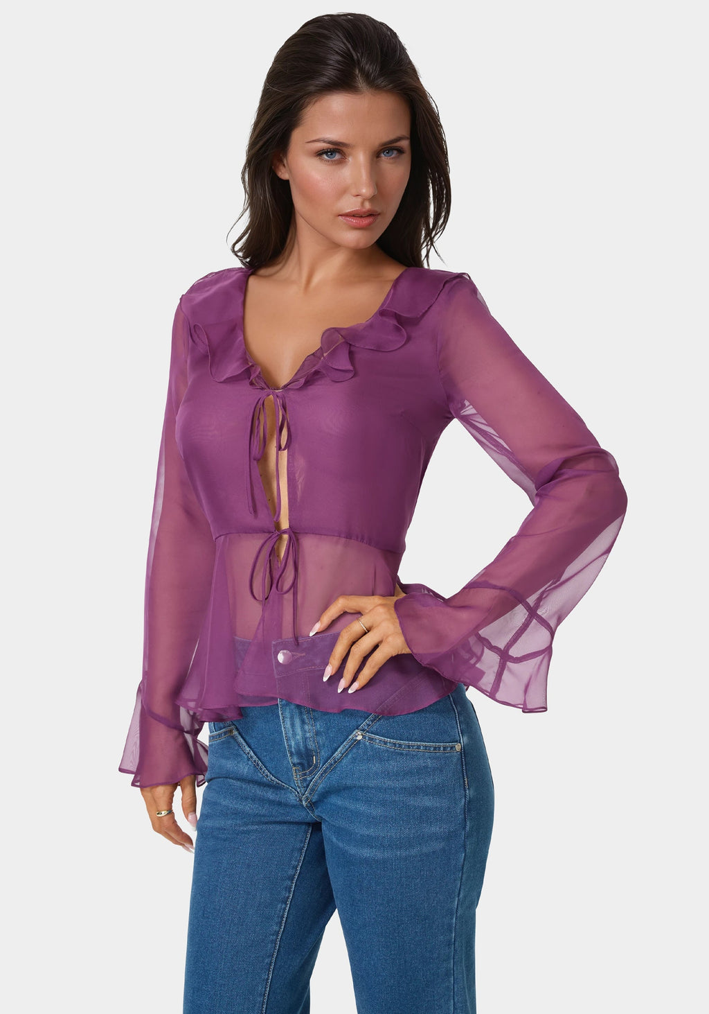 Chiffon Fit & Flare Tie Front Blouse