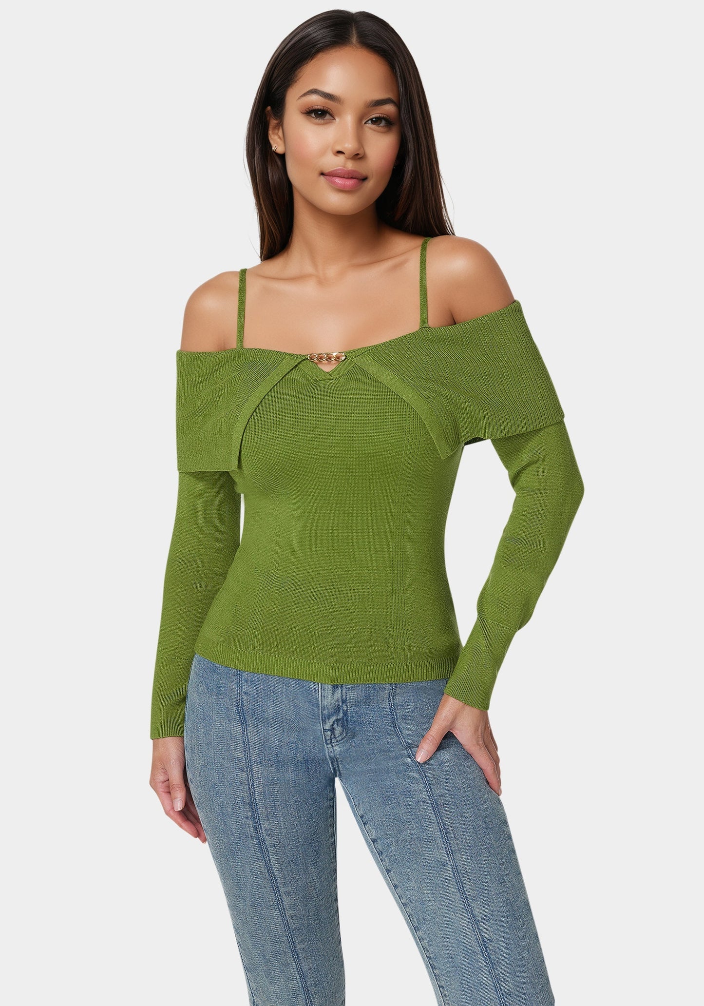 Off Shoulder Fold Over Chain Detail Sweater