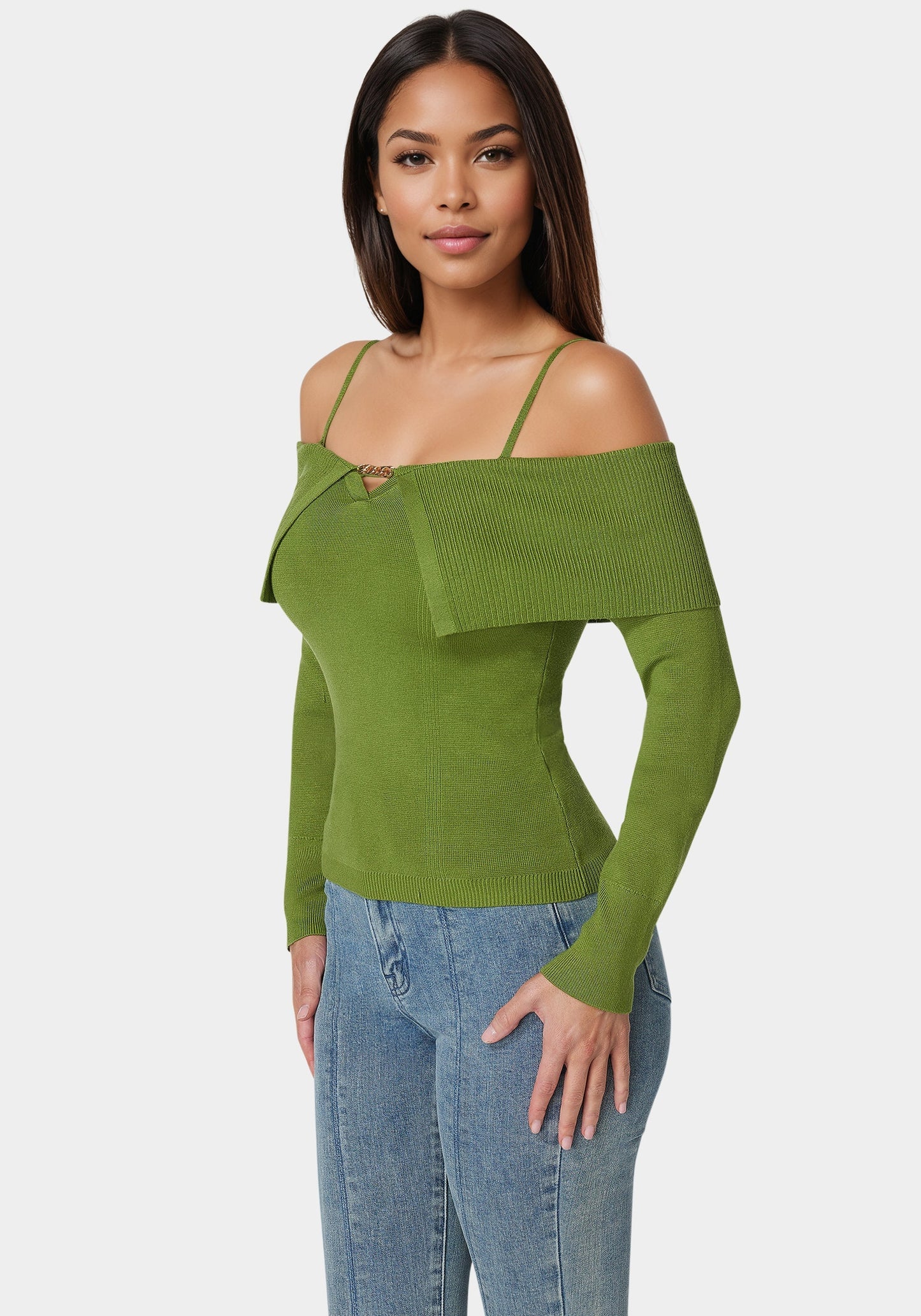 Off Shoulder Fold Over Chain Detail Sweater