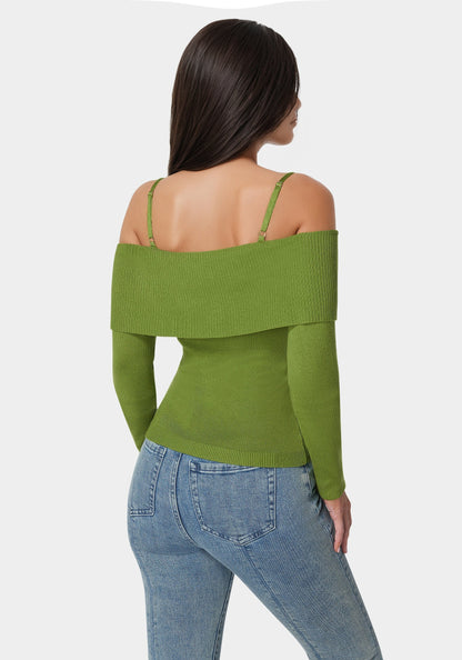 Off Shoulder Fold Over Chain Detail Sweater