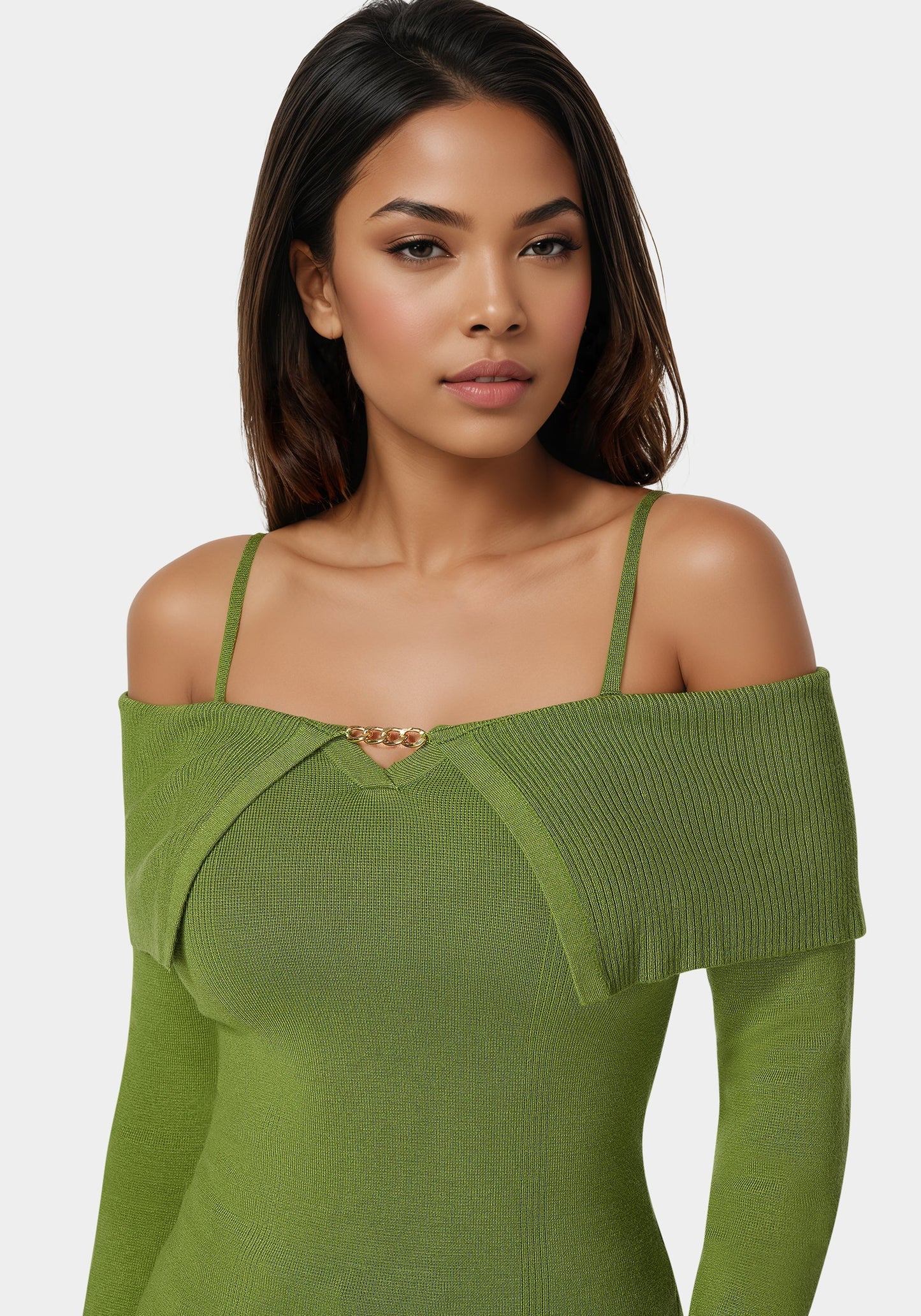 Off Shoulder Fold Over Chain Detail Sweater
