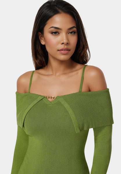 Off Shoulder Fold Over Chain Detail Sweater