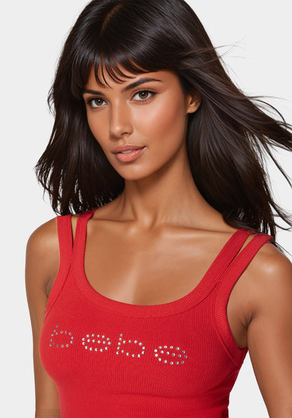 Bebe Logo Double Strap Single Stone Rib Top