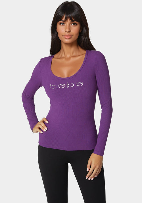 Bebe Logo Long Sleeve Scoop Neck Single Stone Rib Top