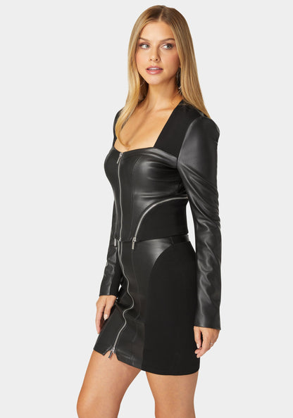 Zip Front Vegan Leather Pdr Combo Top