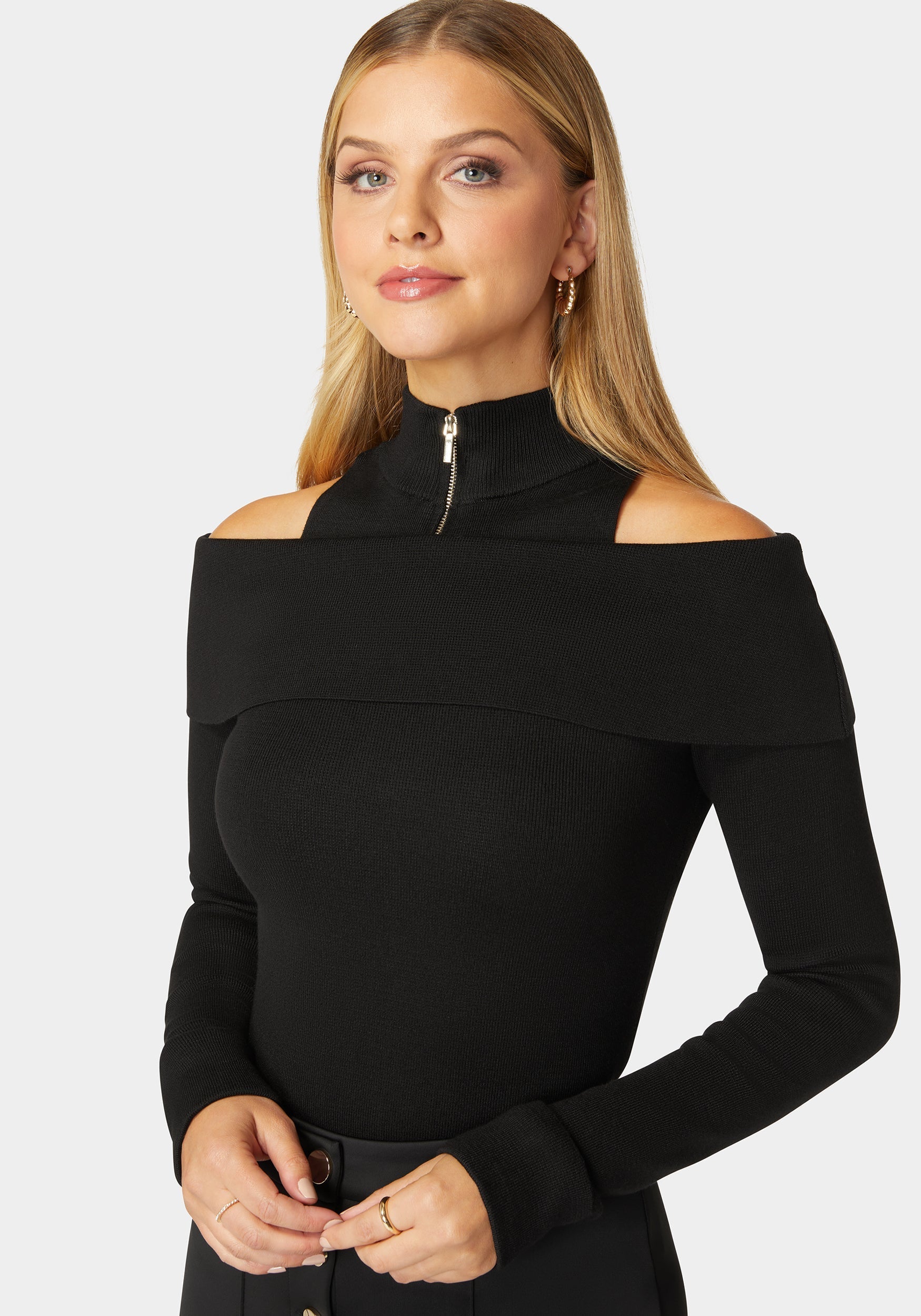 Mock Neck Zip Detail Cold Shoulder Sweater