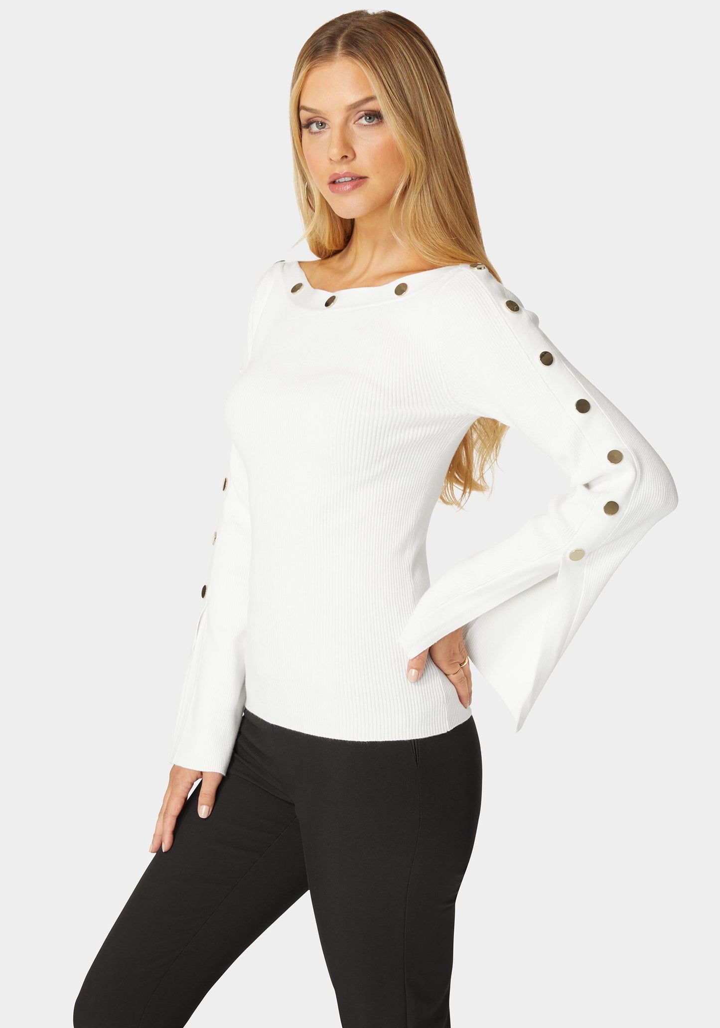 Off Shoulder Bateau Snapped Slit Sweater