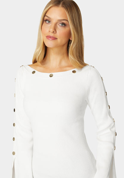 Off Shoulder Bateau Snapped Slit Sweater