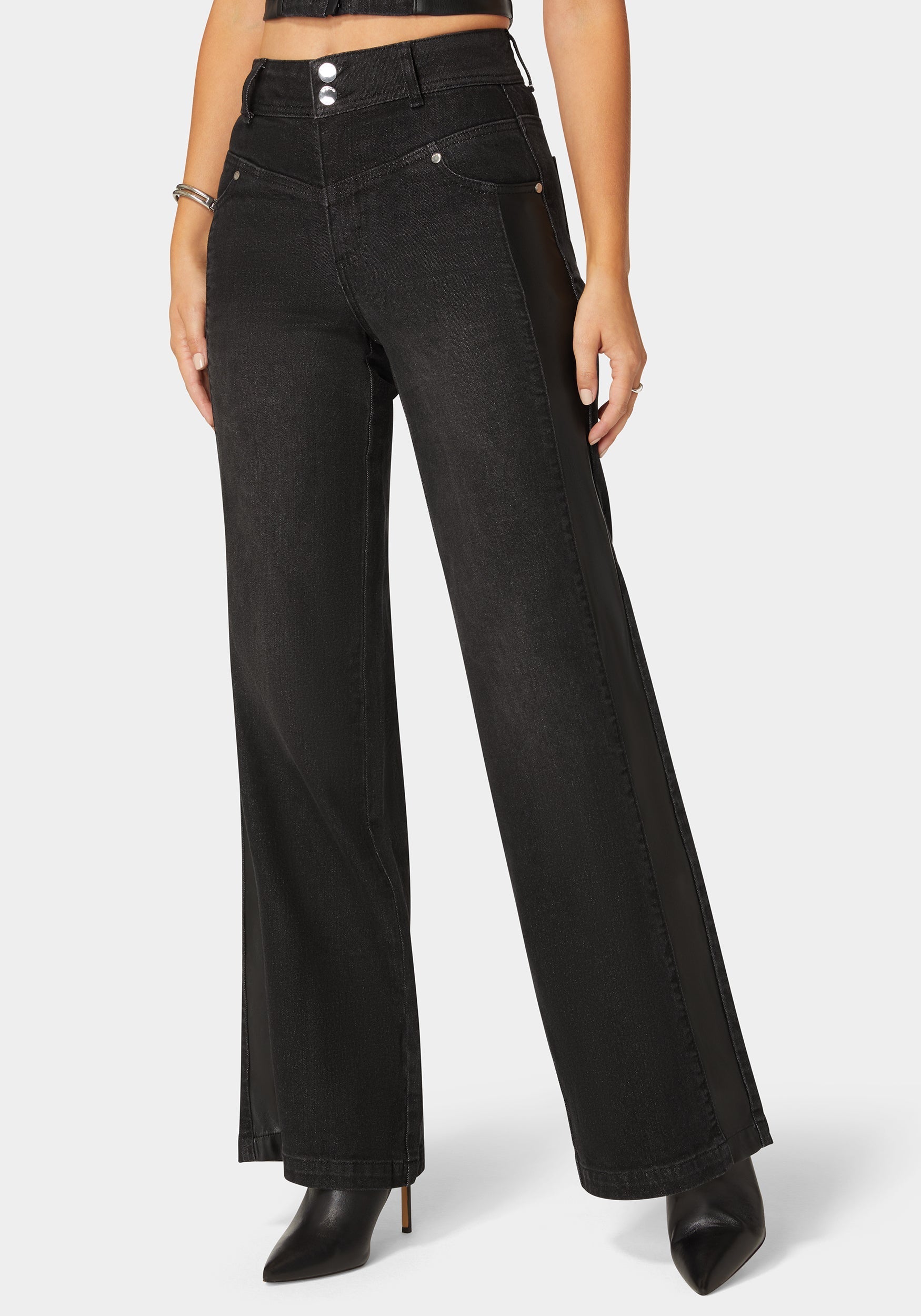 High Waist Vegan Leather Side Panel Wide Leg Jean