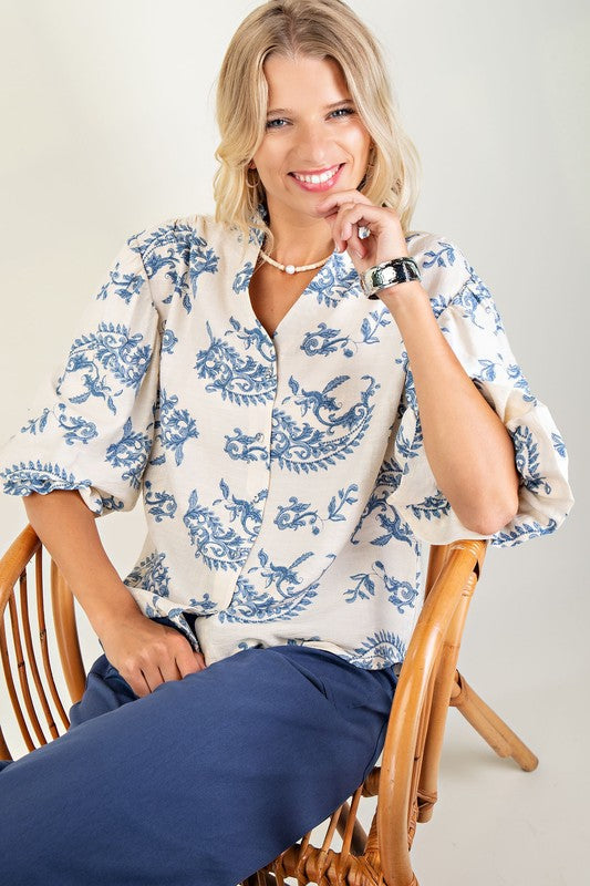 Florence Balloon Sleeve Button Down Printed Top Blue