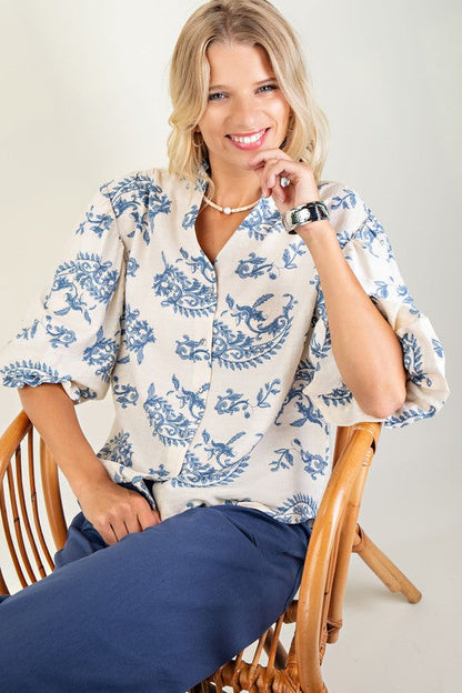 Florence Balloon Sleeve Button Down Printed Top Blue