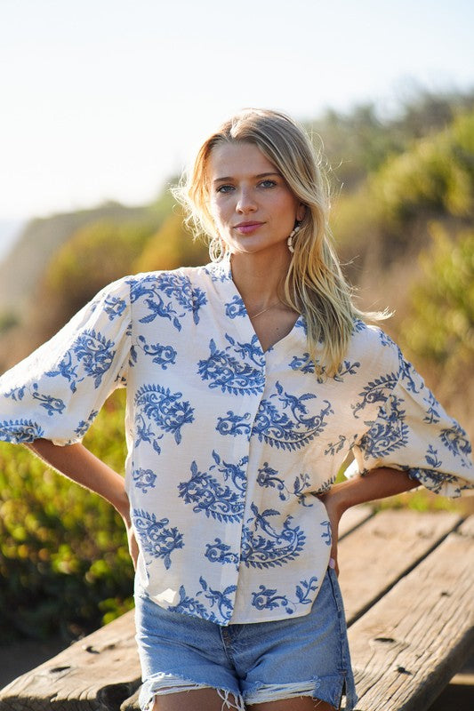 Florence Balloon Sleeve Button Down Printed Top Blue