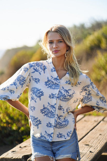 Florence Balloon Sleeve Button Down Printed Top Blue