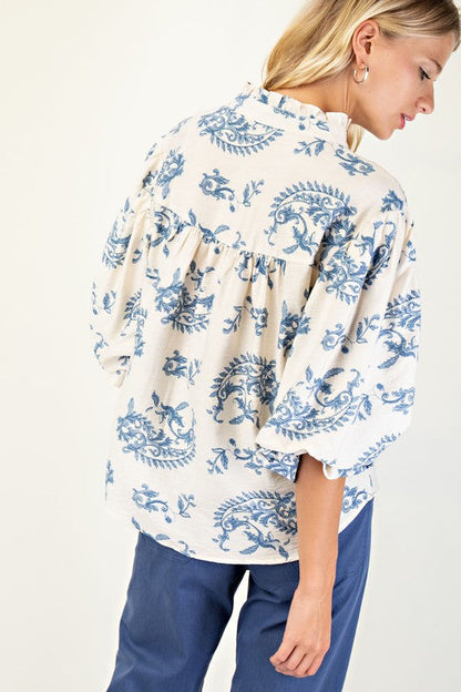 Florence Balloon Sleeve Button Down Printed Top Blue