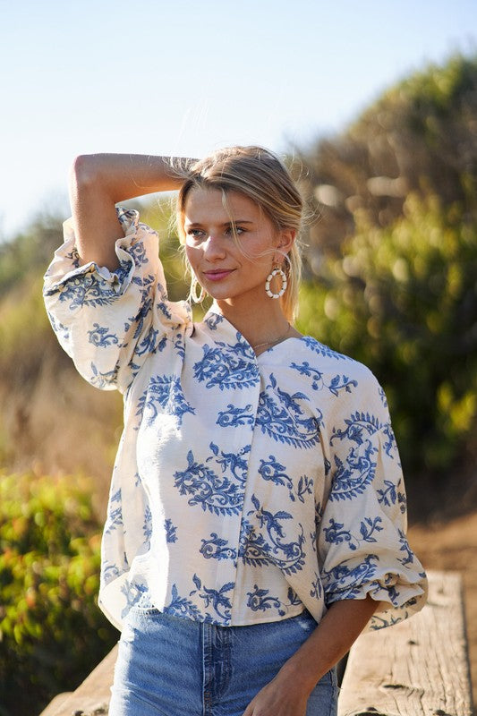 Florence Balloon Sleeve Button Down Printed Top Blue