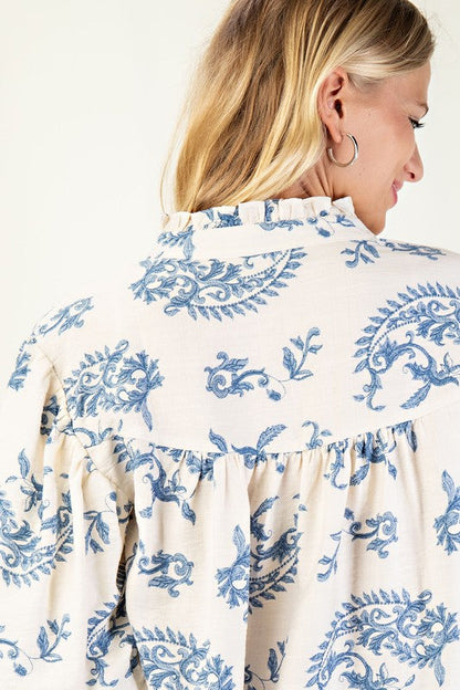 Florence Balloon Sleeve Button Down Printed Top Blue