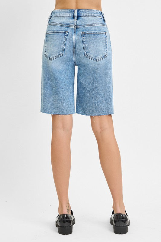 Lilly High Rise Raw Hem Denim Bermuda Shorts Medium Wash