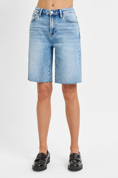 Lilly High Rise Raw Hem Denim Bermuda Shorts Medium Wash