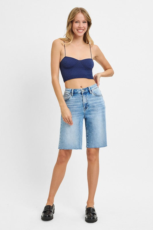 Lilly High Rise Raw Hem Denim Bermuda Shorts Medium Wash