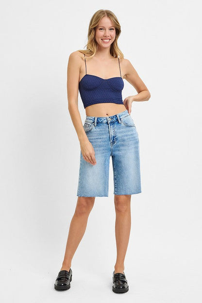 Lilly High Rise Raw Hem Denim Bermuda Shorts Medium Wash