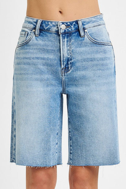 Lilly High Rise Raw Hem Denim Bermuda Shorts Medium Wash