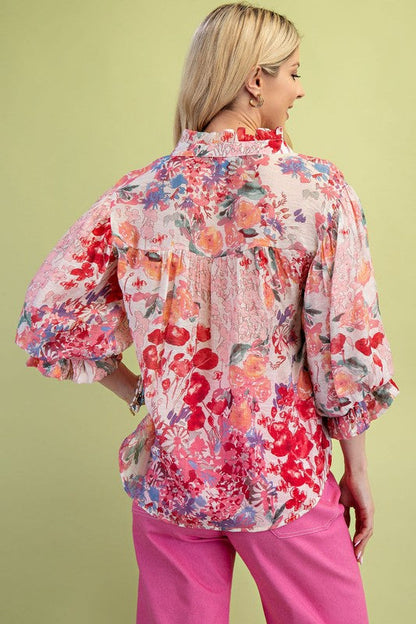Cleo 3/4 Sleeve Button Down Floral Print Top Fuchsia