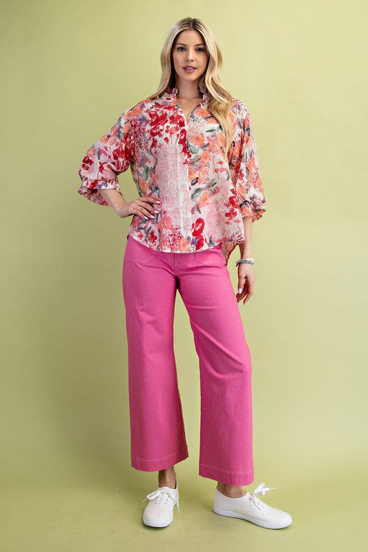 Cleo 3/4 Sleeve Button Down Floral Print Top Fuchsia