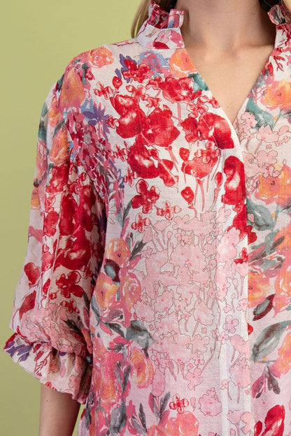 Cleo 3/4 Sleeve Button Down Floral Print Top Fuchsia