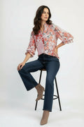 Cleo 3/4 Sleeve Button Down Floral Print Top Fuchsia