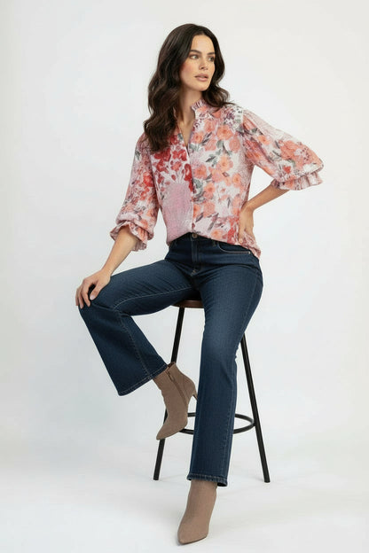 Cleo 3/4 Sleeve Button Down Floral Print Top Fuchsia