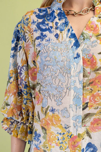 Waitlist 6/30 • Cleo 3/4 Sleeve Button Down Floral Print Top Blue
