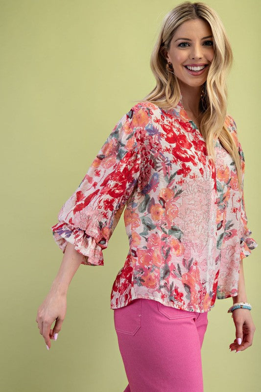 Cleo 3/4 Sleeve Button Down Floral Print Top Fuchsia