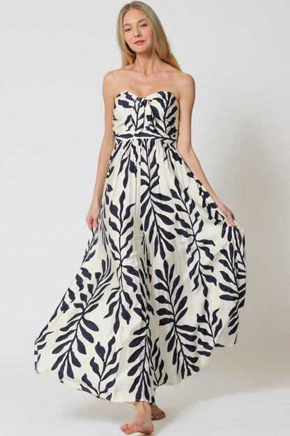 Desma Sleeveless Back Tie Tropical Print Wide Leg Jumpsuit Navy