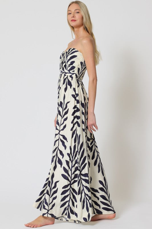 Desma Sleeveless Back Tie Tropical Print Wide Leg Jumpsuit Navy